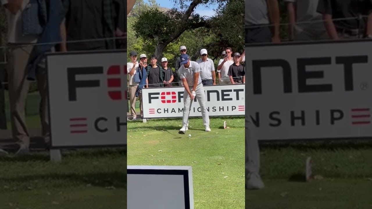 Rickie Fowler tee shot on 18 (Fortinet Championship 2022).