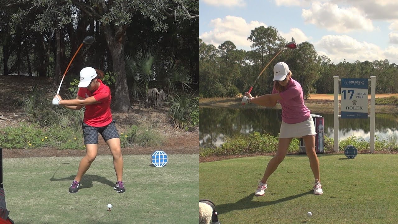 MICHELLE WIE vs LYDIA KO - SYNCED DRIVER GOLF SWING REG & SLOW MOTION FACE-ON 1080p HD