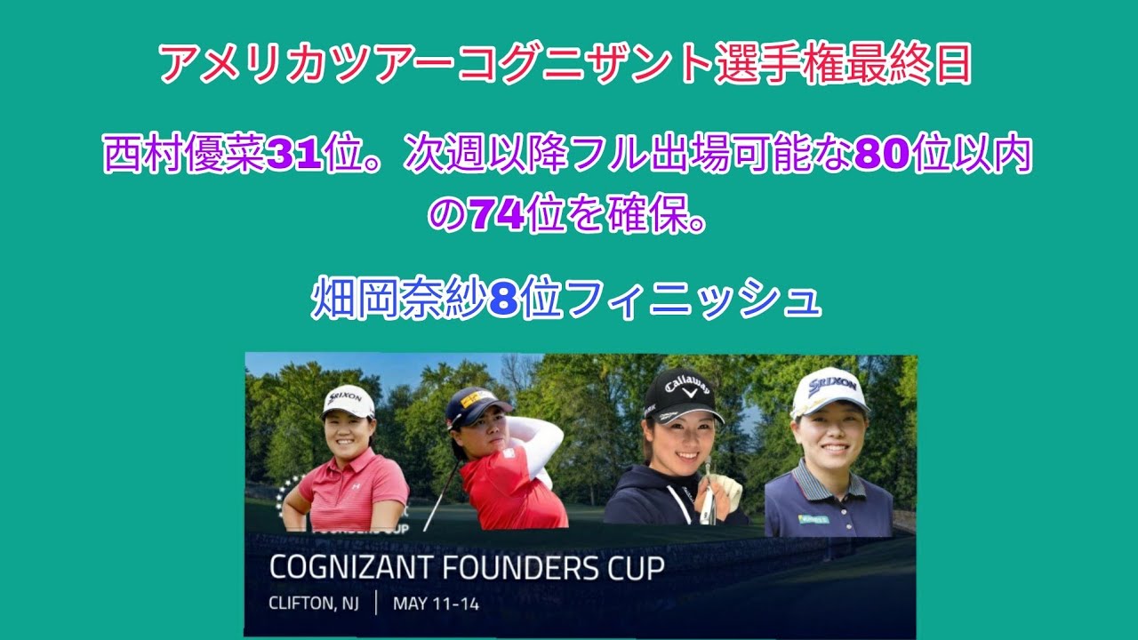 アメリカツアーコグニザント選手権最終日結果。西村優菜31位でリシャッフル80位以内の74位。優勝はコジヨン。畑岡奈紗8位、