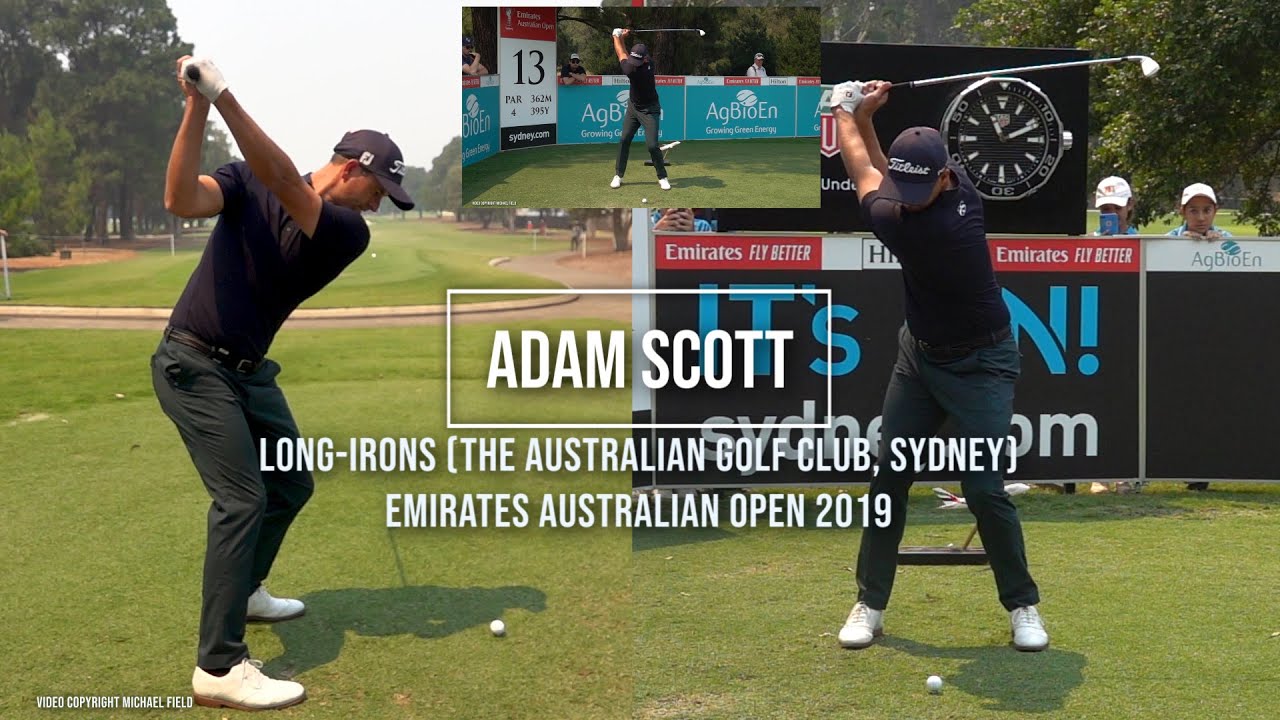 Adam Scott Golf Swing Long Irons (FO & DTL views) Emirates Australian Open, Sydney, December 2019.