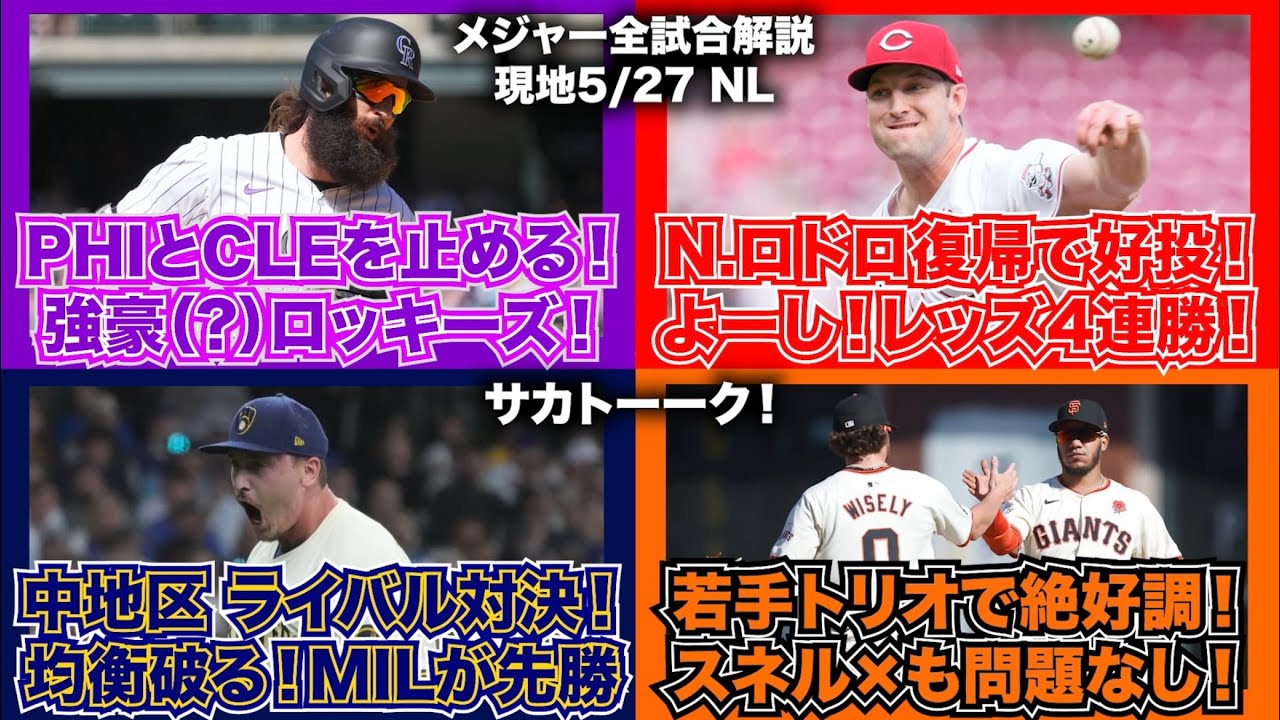 【NL5/27】PHIとCLEを止める強豪ロッキーズ！ロドロ復帰で好投！レッズ4連勝！中地区ライバル対決！ブルワーズが先勝！若手トリオで直近8勝2敗！スネルはもうダメかもしれん！