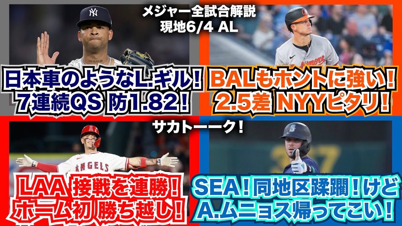 【AL6/4】日本車のようなL.ギル！7試合連続QSで防御率1.82！オリオールズもホントに強い！2.5差でヤンキースピタリ！エンゼルスは接戦を連勝！今季初ホーム勝ち越し！マリナーズは同地区を駆逐！