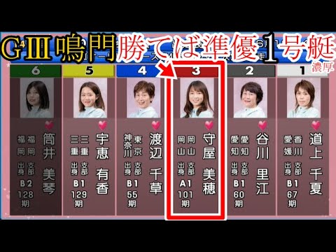 【GⅢ鳴門競艇】ここ勝てば準優1号艇濃厚③守屋美穂、注目3コース戦