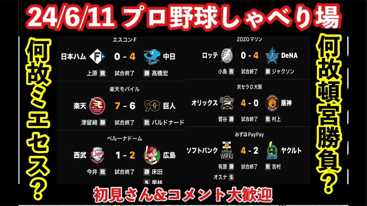 【プロ野球しゃべり場】阪神オリックスに敗れて火曜日5連敗⚾️ミエセス見逃し&頓宮勝負⁉️ファン視聴者参加型ライブ⚾️岡田監督一問一答🏟️ 初見コメ歓迎 24/6/11  #阪神タイガース #プロ野球