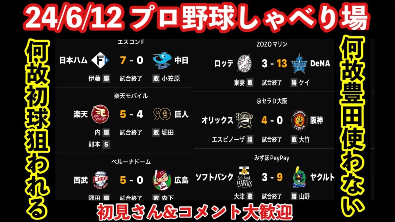 【プロ野球しゃべり場】阪神オリに連敗⚾️起爆剤豊田は二軍戦で親子ゲーム⁉️佐藤輝天井ファールが見所て😭視聴者参加ライブ⚾️岡田監督一問一答🏟️ 初見コメ歓迎 24/6/12 #阪神タイガース