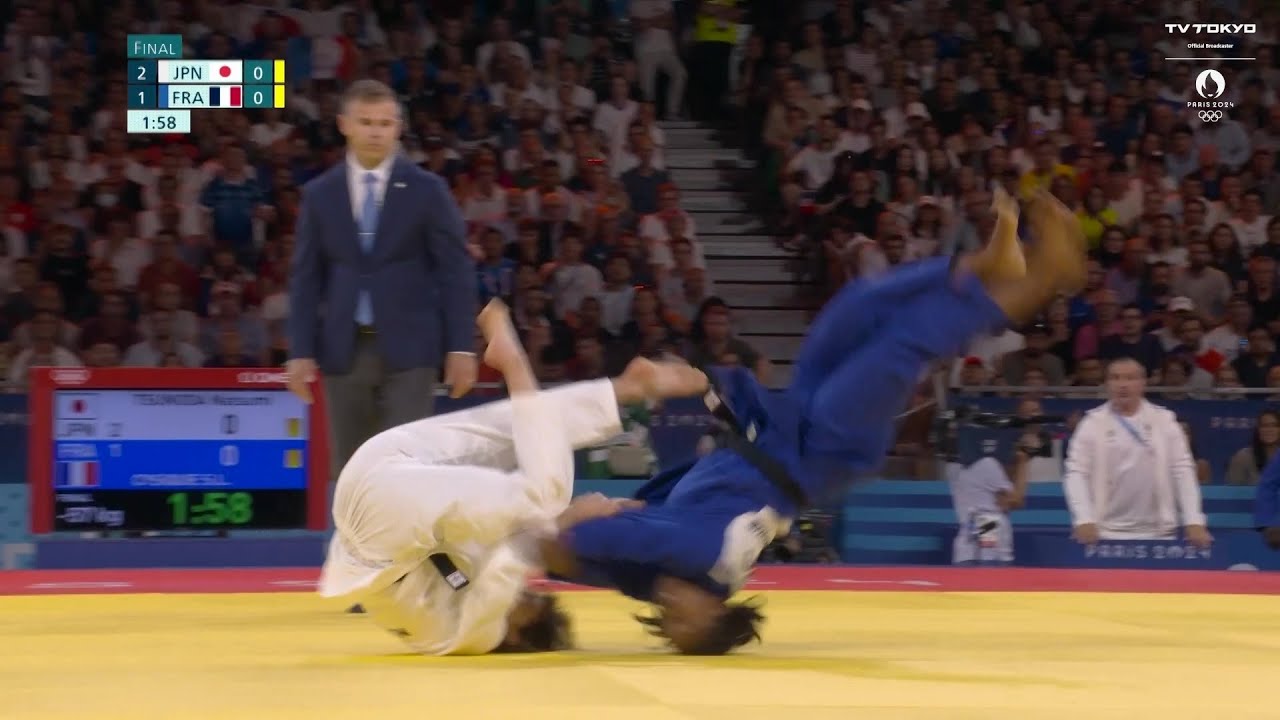 【柔道混合】伝家の宝刀 “巴投げ” 炸裂！角田夏実が一本勝ちで日本が金メダルへ王手！｜パリオリンピック 柔道混合団体決勝 日本 - フランス 女子52キロ級