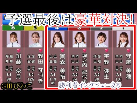 【GⅢびわこ競艇】予選最後は豪華対決！①守屋美穂VS②宇野弥生③堀之内紀代子④實森美祐(勝利者インタビューあり)