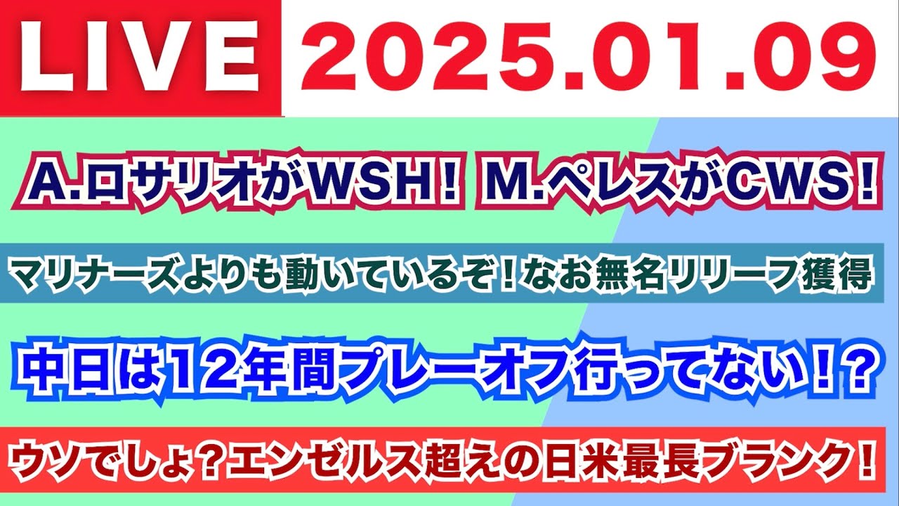 【2025.01.09】A.ロサリオがWSH！M.ペレスがCWS！/マリナーズよりも動いてるぞ！なお無名リリーフ獲得/中日は12年間もプレーオフ行ってない！？/エンゼルス超えの日米最長ブランク！