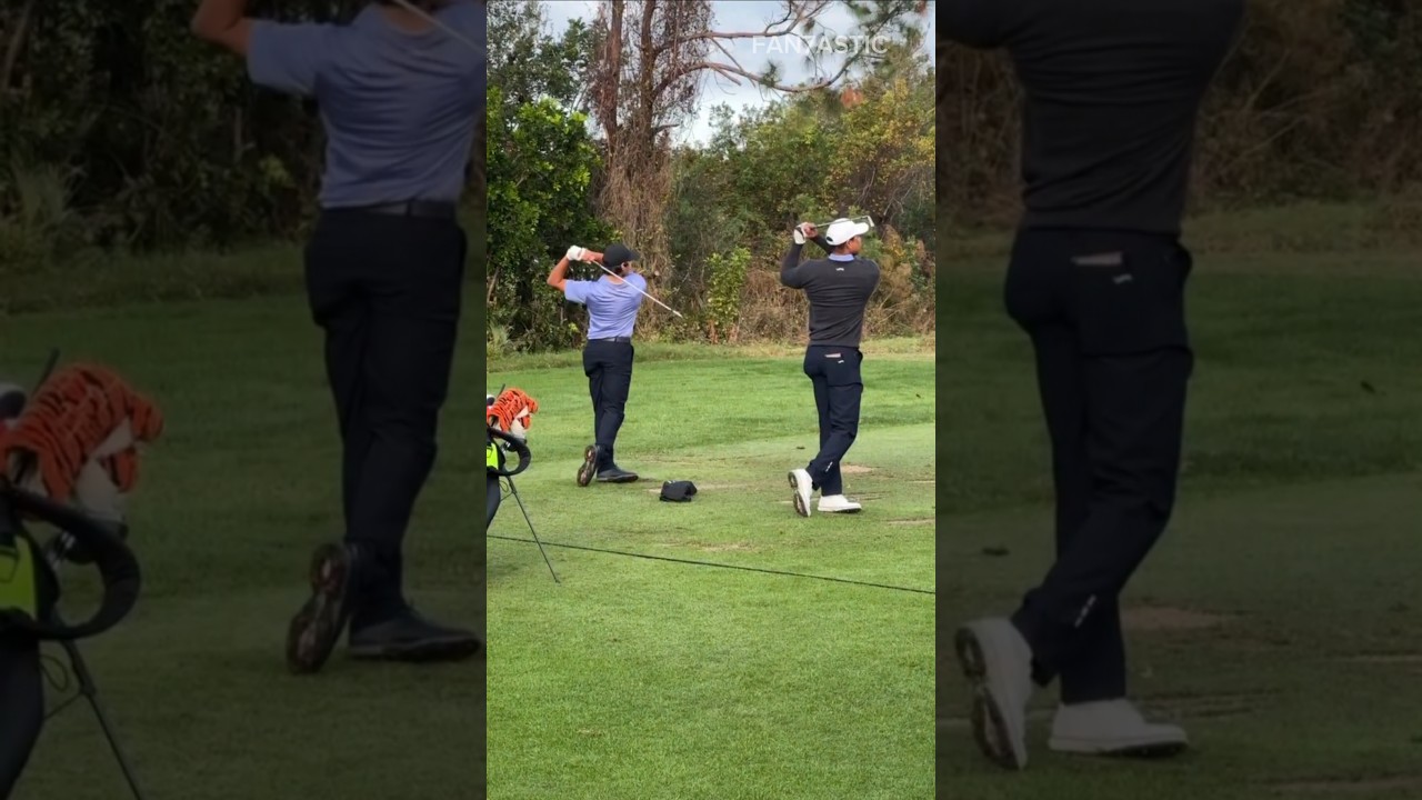 Tiger Woods & Charlie Woods Golf Pre-round Warm up Iron Swing