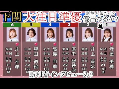 【下関競艇準優】優出なるか？①守屋美穂VS②井上遥妃③廣中智紗衣④高憧四季⑤津田裕絵⑥井上未都