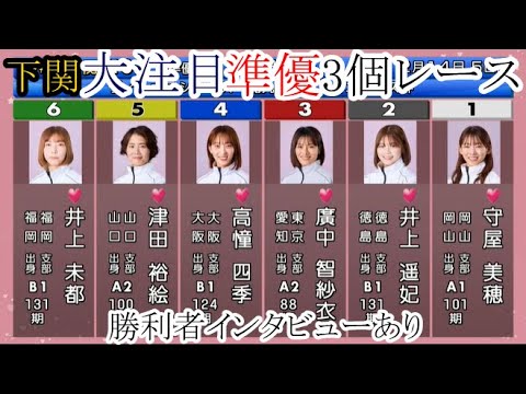 【下関競艇準優】守屋、宇野、廣中、櫻本、今井美亜、井上遥妃、高憧ら「準優3個」レース&勝利者インタビュー