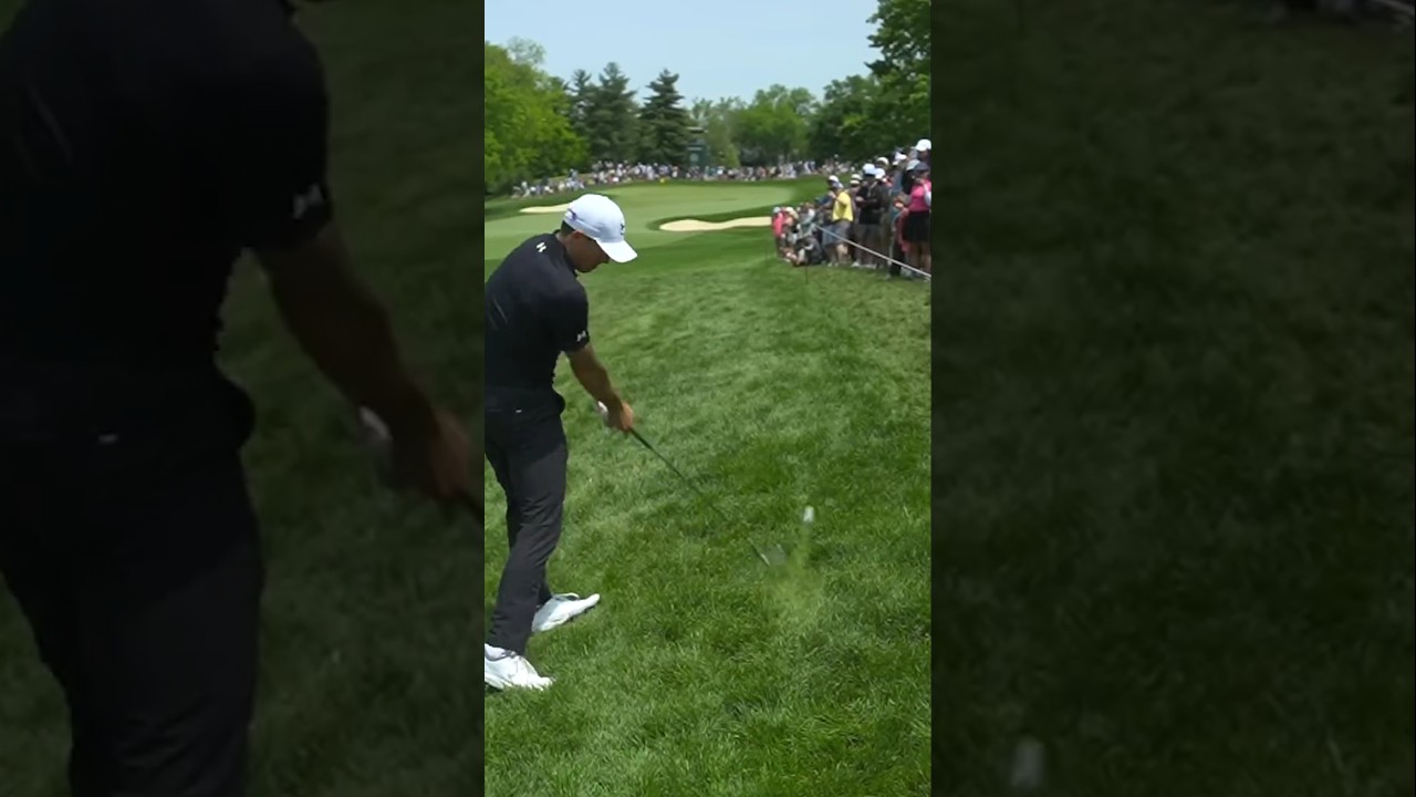 Jordan Spieth JUST a bit outside, nearly clipping members of the gallery at The Memorial Tournament
