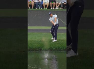 Bryson DeChambeau skips on No. 16. #themasters