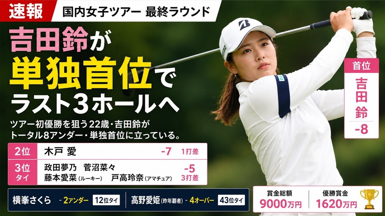 ⛳🔥速報！吉田鈴が単独首位でラスト3ホールへ🏆✨ 初優勝へ大接近！🇯🇵💪🔥